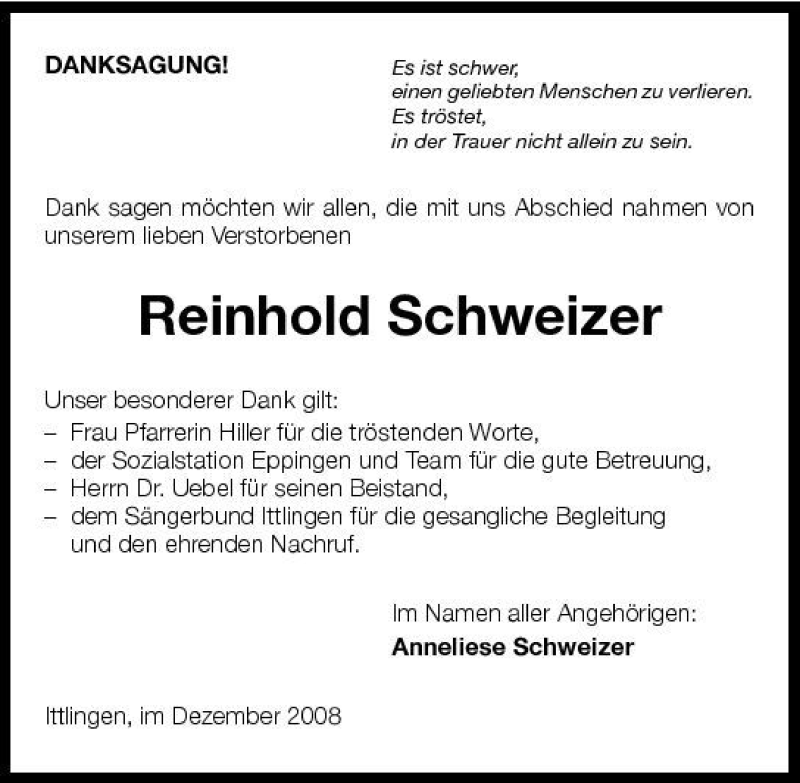  Traueranzeige für Reinhold Schweizer vom 06.12.2008 aus 