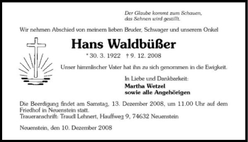 Traueranzeige von Waldbüßer Hans 