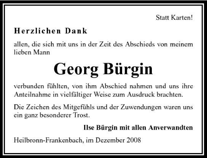  Traueranzeige für Georg Bürgin vom 13.12.2008 aus 