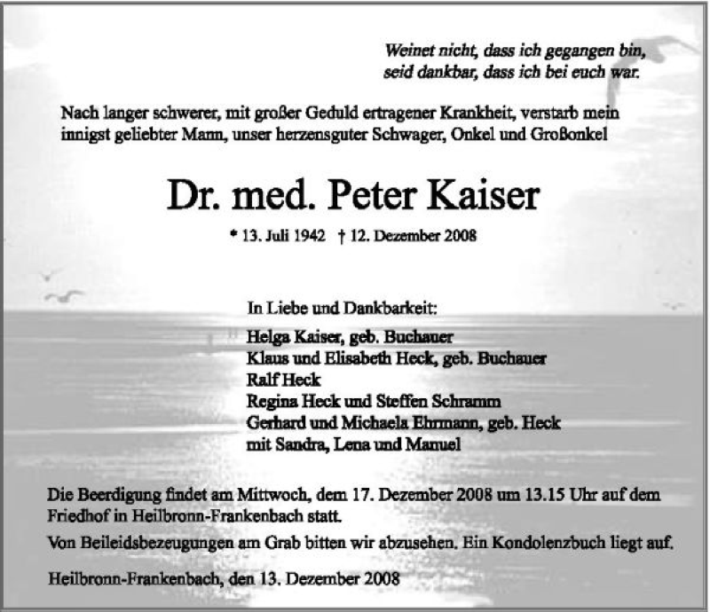 inhoudsopgave verraden Onophoudelijk Traueranzeigen von Dr. Peter Kaiser | www.trauerundgedenken.de