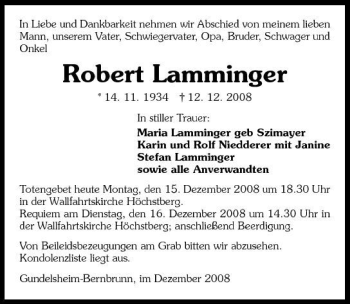 Traueranzeige von Robert Lamminger 