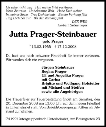 Traueranzeige von Jutta Prager-Steinbauer 