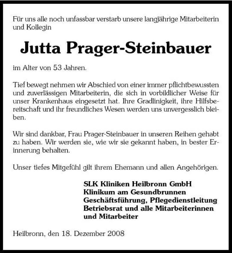  Traueranzeige für Jutta Prager-Steinbauer vom 18.12.2008 aus 