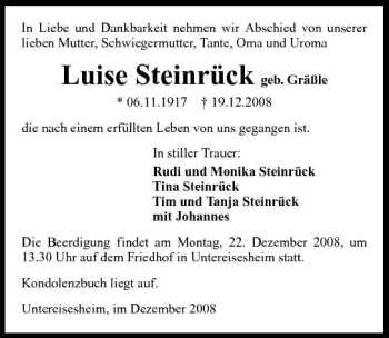 Traueranzeige von Luise Steinrück 