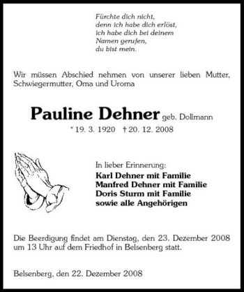 Traueranzeige von Pauline Dehner 