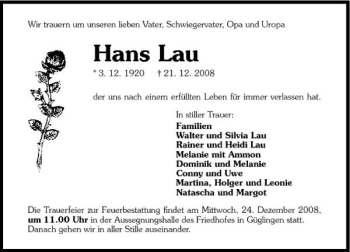 Traueranzeige von Hans Lau 