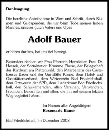 Traueranzeige von Adolf Bauer 