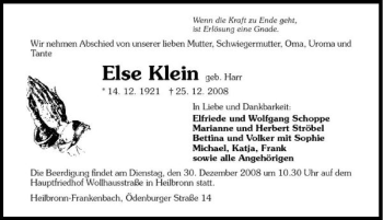 Traueranzeige von Else Klein 