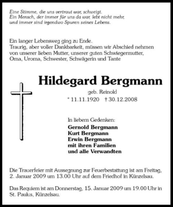 Traueranzeige von Hildegard Bergmann 