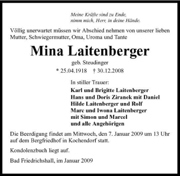 Traueranzeige von Mina Laitenberger 