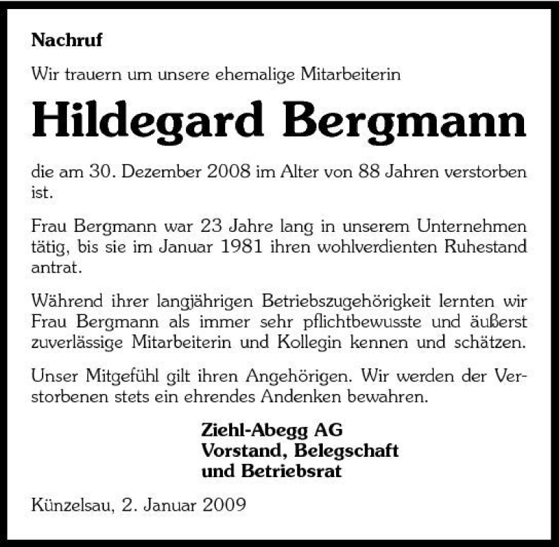  Traueranzeige für Hildegard Bergmann vom 03.01.2009 aus 