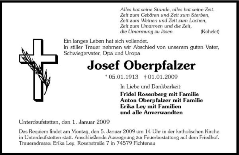  Traueranzeige für Josef Oberpfalzer vom 03.01.2009 aus 
