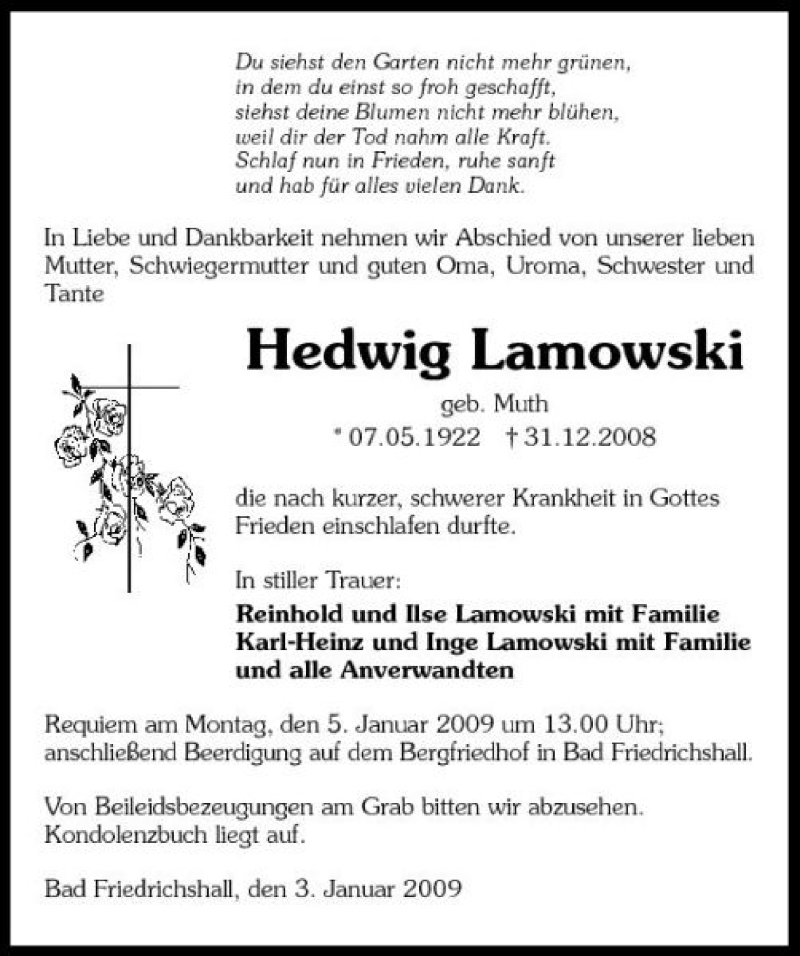  Traueranzeige für Hedwig Lamowski vom 03.01.2009 aus 