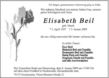 Traueranzeige von Elisabeth Beil 