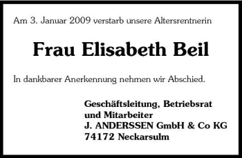 Traueranzeige von Elisabeth Beil 