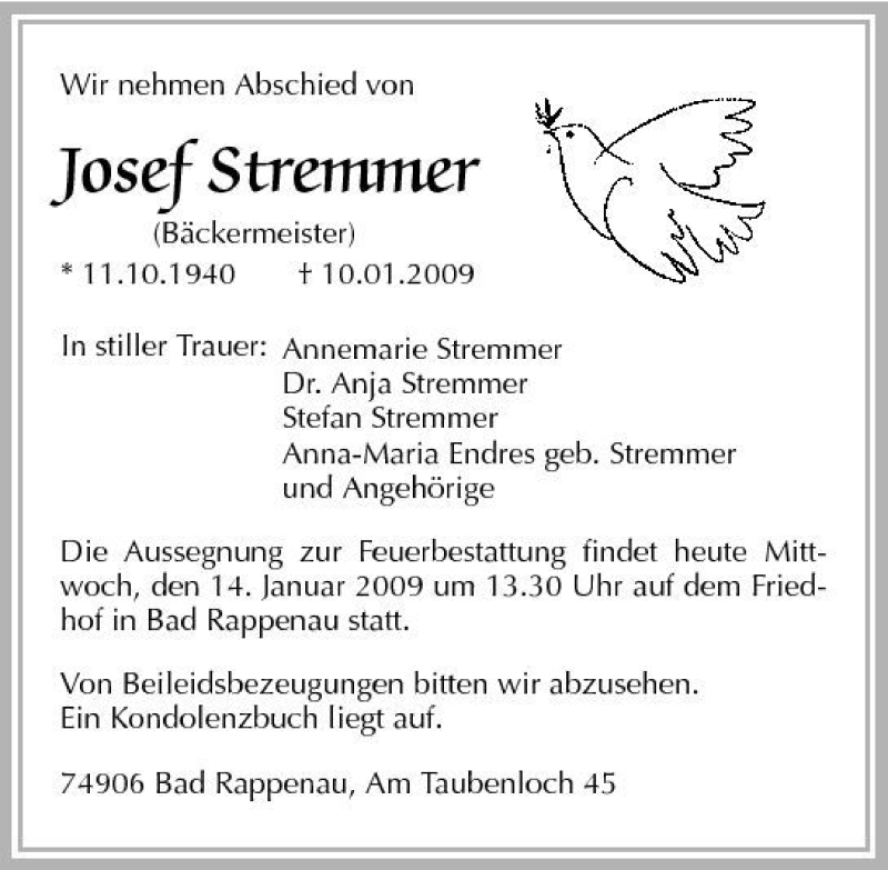  Traueranzeige für Josef Stremmer vom 14.01.2009 aus 