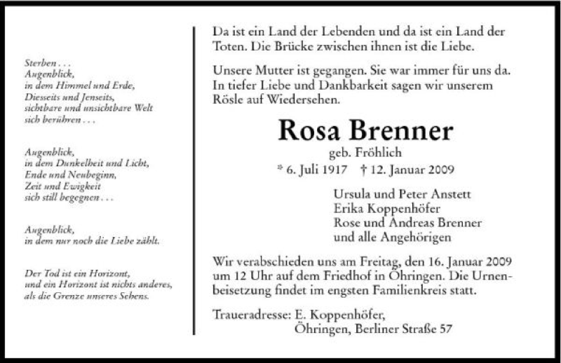  Traueranzeige für Rosa Brenner vom 14.01.2009 aus 