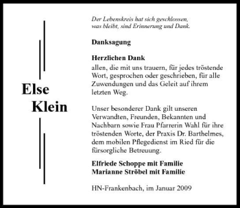 Traueranzeige von Else Klein 