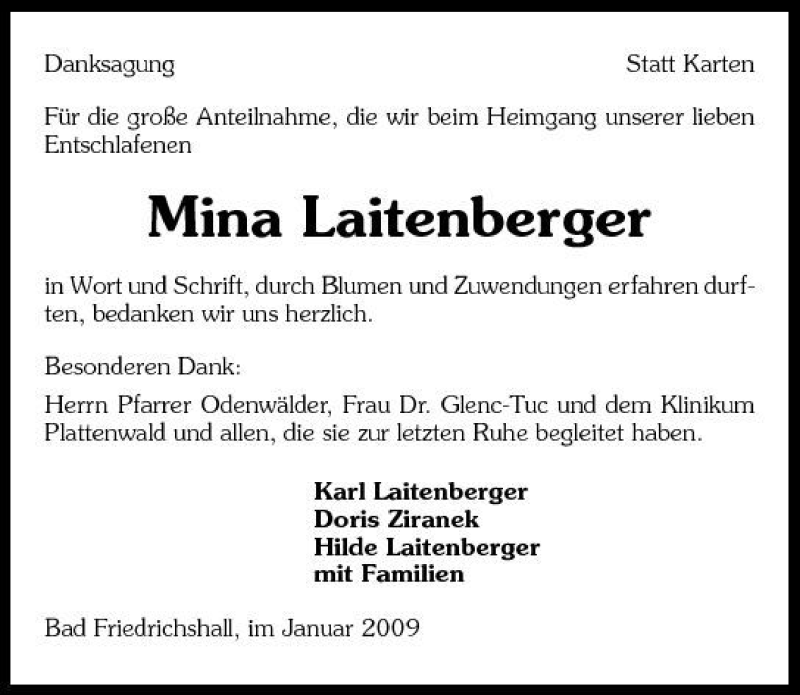  Traueranzeige für Mina Laitenberger vom 17.01.2009 aus 
