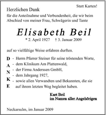 Traueranzeige von Elisabeth Beil 