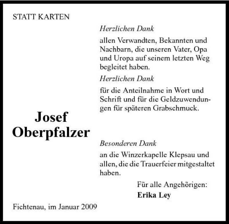  Traueranzeige für Josef Oberpfalzer vom 20.01.2009 aus 