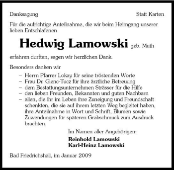 Traueranzeige von Hedwig Lamowski 