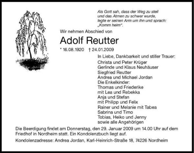  Traueranzeige für Adolf Reutter vom 26.01.2009 aus 