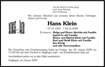 Traueranzeige von Hans Klein 