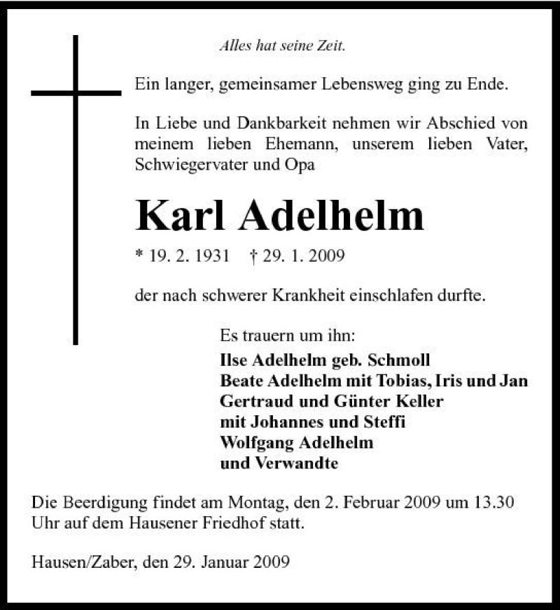  Traueranzeige für Karl Adelhelm vom 30.01.2009 aus 
