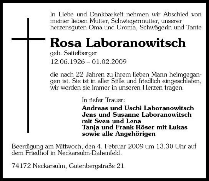  Traueranzeige für Rosa Laboranowitsch vom 03.02.2009 aus 