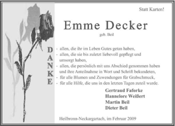Traueranzeige von Emme Decker 