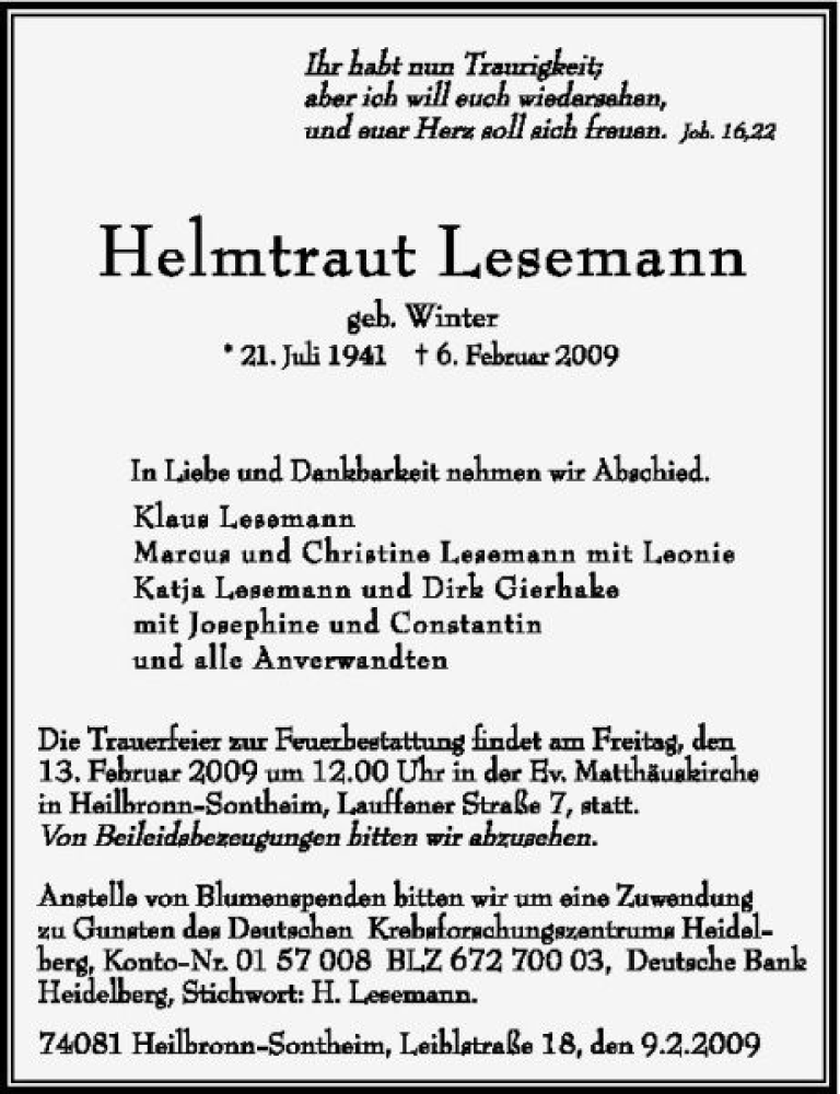  Traueranzeige für Helmtraut Lesemann vom 09.02.2009 aus 