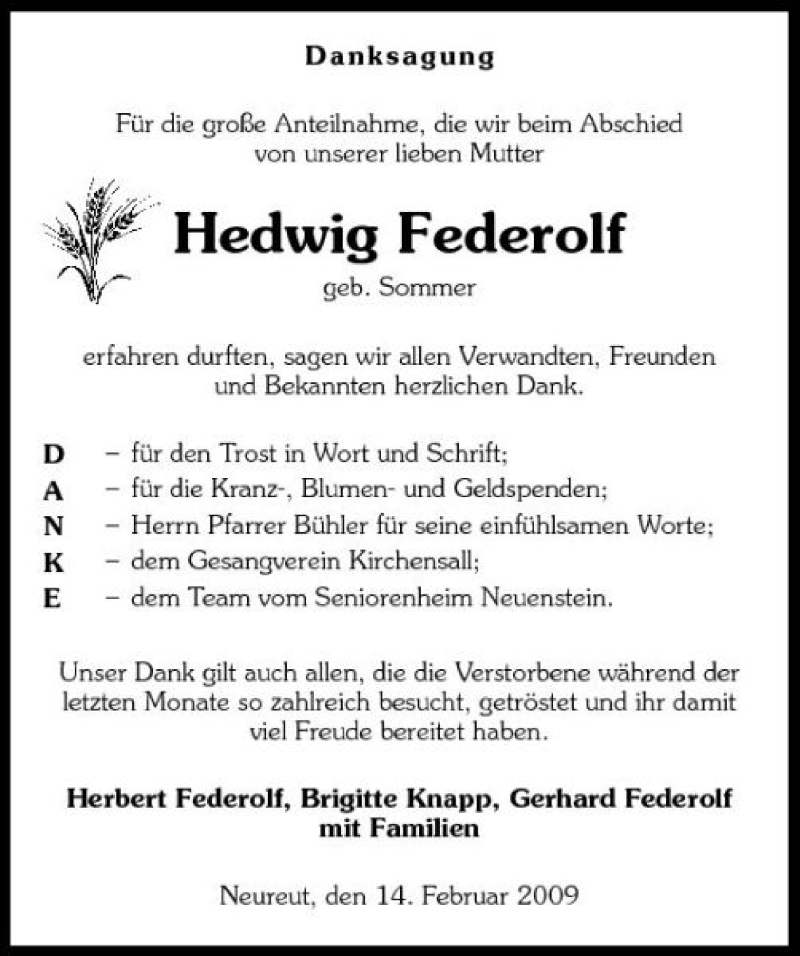  Traueranzeige für Hedwig Federolf vom 14.02.2009 aus 