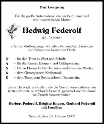 Traueranzeige von Hedwig Federolf 