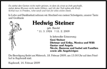 Traueranzeige von Hedwig Steiner 