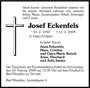 Traueranzeige von Josef Eckenfels 