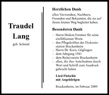 Traueranzeige von Traudel Lang 