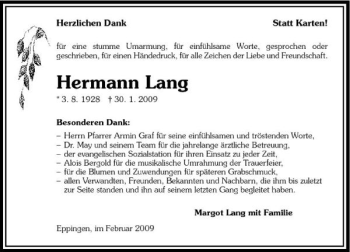 Traueranzeige von Hermann Lang 