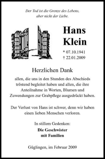 Traueranzeige von Hans Klein 