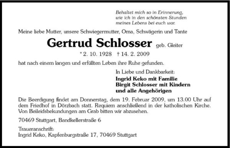  Traueranzeige für Gertrud Schlosser vom 17.02.2009 aus 