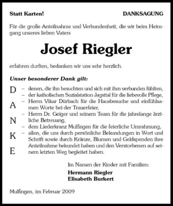 Traueranzeige von Josef Riegler 