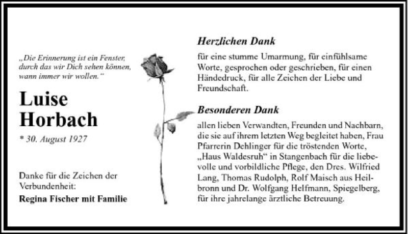  Traueranzeige für Luise Horbach vom 21.02.2009 aus 