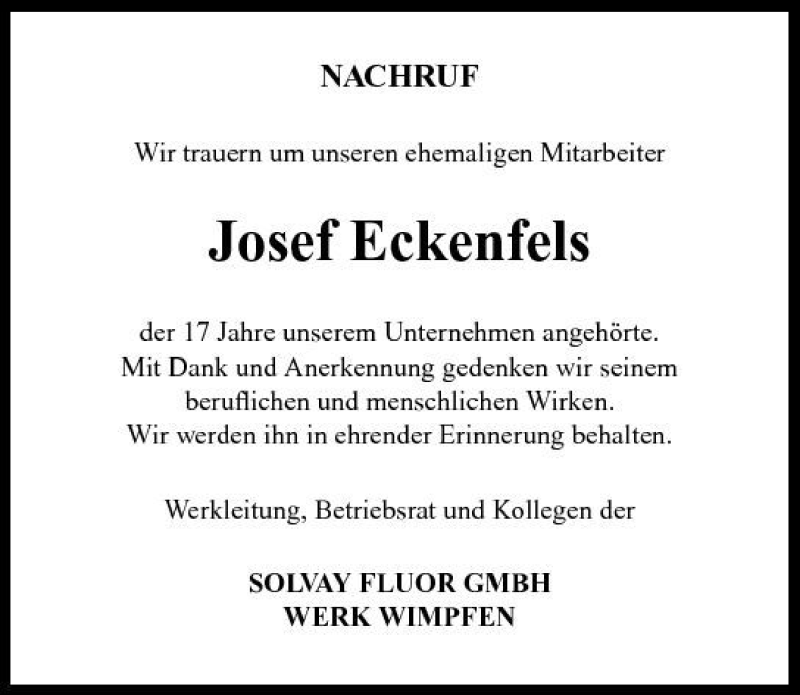  Traueranzeige für Josef Eckenfels vom 20.02.2009 aus 