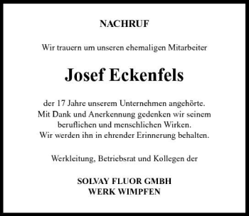 Traueranzeige von Josef Eckenfels 