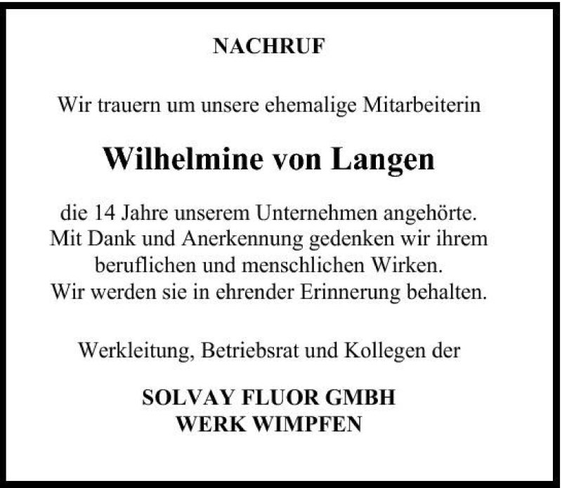  Traueranzeige für Wilhelmine von Langen vom 21.02.2009 aus 