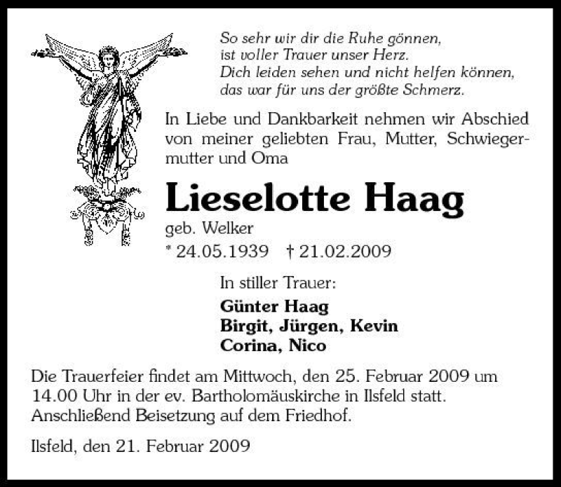  Traueranzeige für Lieselotte Haag vom 23.02.2009 aus 