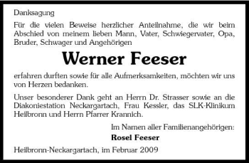 Traueranzeige von Werner Feeser 