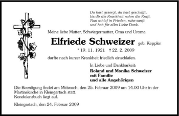 Traueranzeige von Elfriede Schweizer 