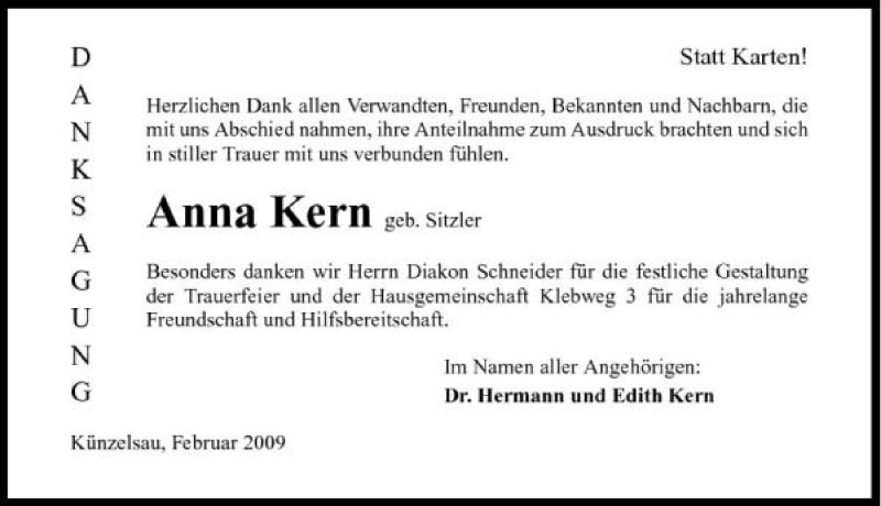  Traueranzeige für Anna Kern vom 28.02.2009 aus 