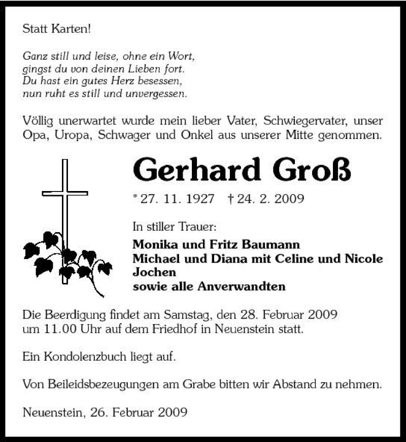  Traueranzeige für Gerhard Groß vom 26.02.2009 aus 